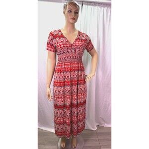 West Loop XL Red Boho Tribal Maxi Dress Smocked Waist V-Neck Short Sleeve